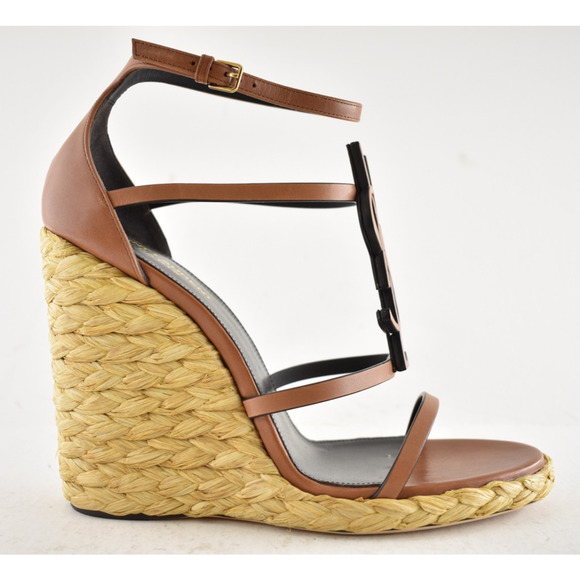 Saint Laurent YSL Logo Cassandra 105 Ankle Strap Espadrille Wedge Sandal Heel 41 - Picture 2 of 16